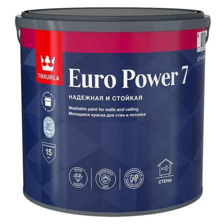 Краска ВД "EURO POWER-7" моющаяся для стен и потолка 1кг/0,9л (1/6) ТИККУРИЛА