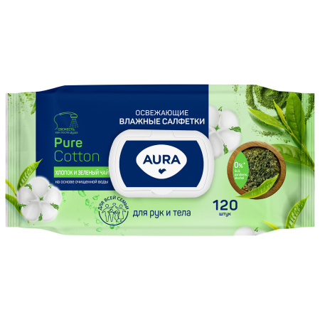 Салфетки влажные  AURA 120 шт, освежающие, крышка клапан