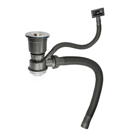 Сифон для мойки 8733 большая горл, перелив, отвод под шланг + корзина для мусора