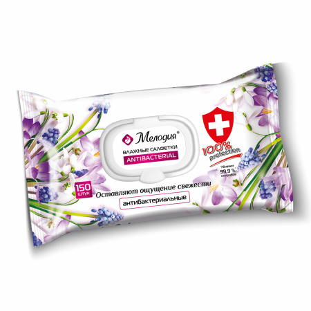Салфетки влажные АНТИБАКТЕРИАЛЬНЫЕ 150 шт с пластиковым клапаном, МЕЛОДИЯ, 115226
