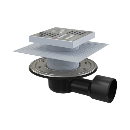 AlcaPlast APV3444 Трап сливной 150х150/50/75 боковой, решетка нерж сталь,сухой и мокрый гидрозатвор*