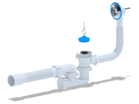 E255 Cифон д/ванны 1 1/2х40 регулируемый с выпуском, переливом и гибкой трубой 40х50 (30)