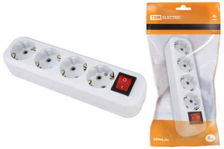 Колодка удлинителя 4-м с/з c выкл. 16А 250В белая TDM (12) SQ1806-0018