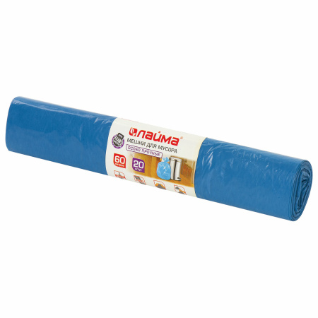 Мешки для мусора  60л 20шт 30мкм 60х70 ПВД Лайма синие прочные 601382