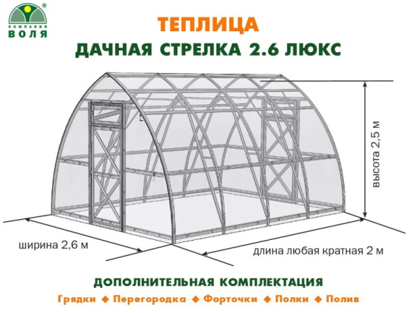 Теплица "Дачная Стрелка 2020" 2,6м*2,5м*2м.