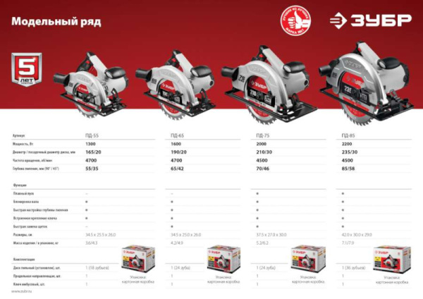 ПД-75 Пила дисковая 90гр-70мм, диск 210мм, 2000Вт Зубр АКЦИЯ .