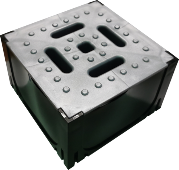 1104 Комплект: угловой элемент для лотков Тор с пластик. крышкой 125*125*80 (Серая крышка)